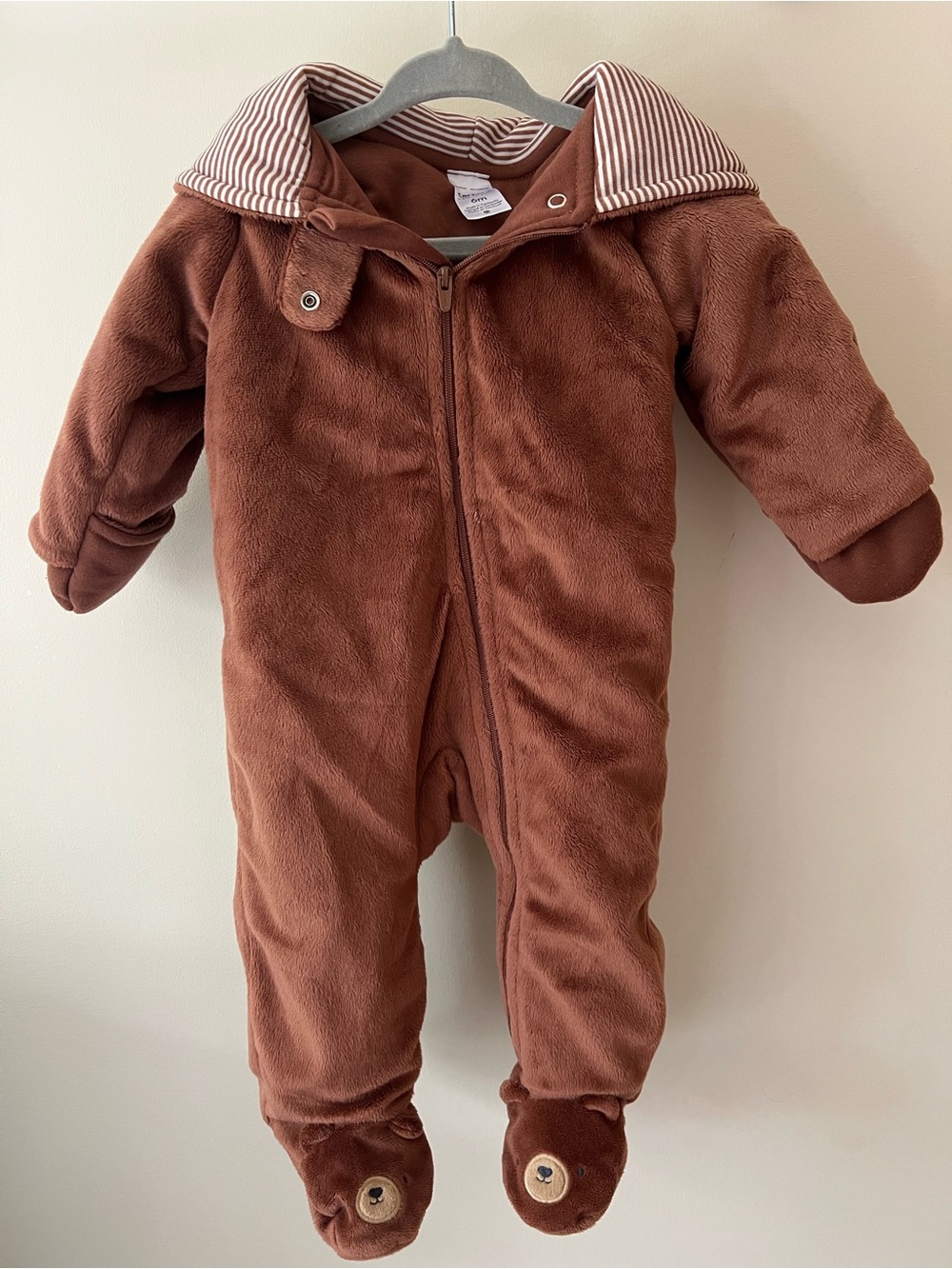 Carter's Brown Plush Footed Baby One-Piece with Striped Hood Lining